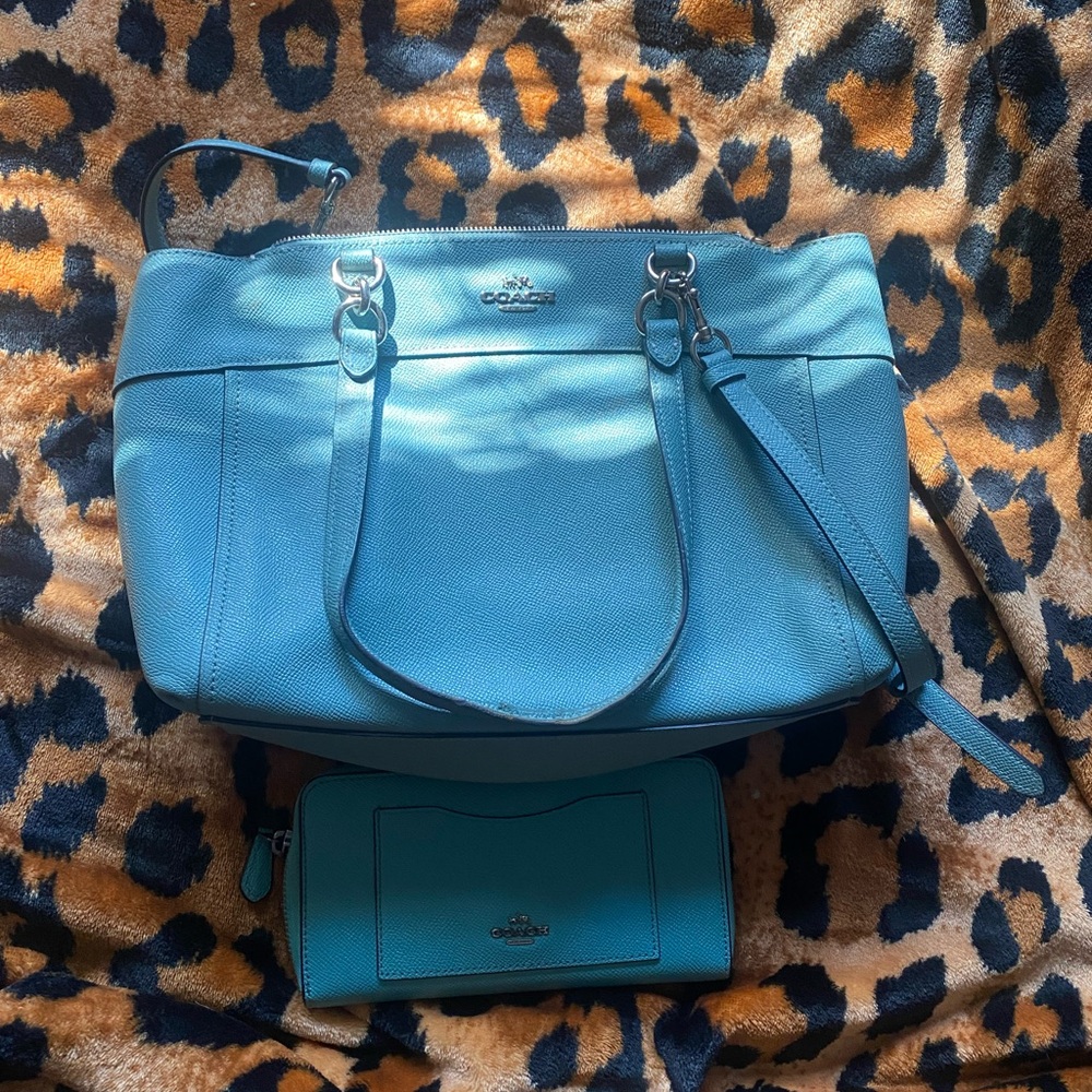 Coach Turquoise Leather Tote and Wallet Set
